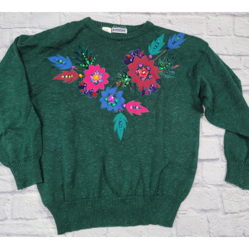 Vintage Mariea Kim sz Large Green Knit‎ Sweater Beaded Embellished Flowers Korea